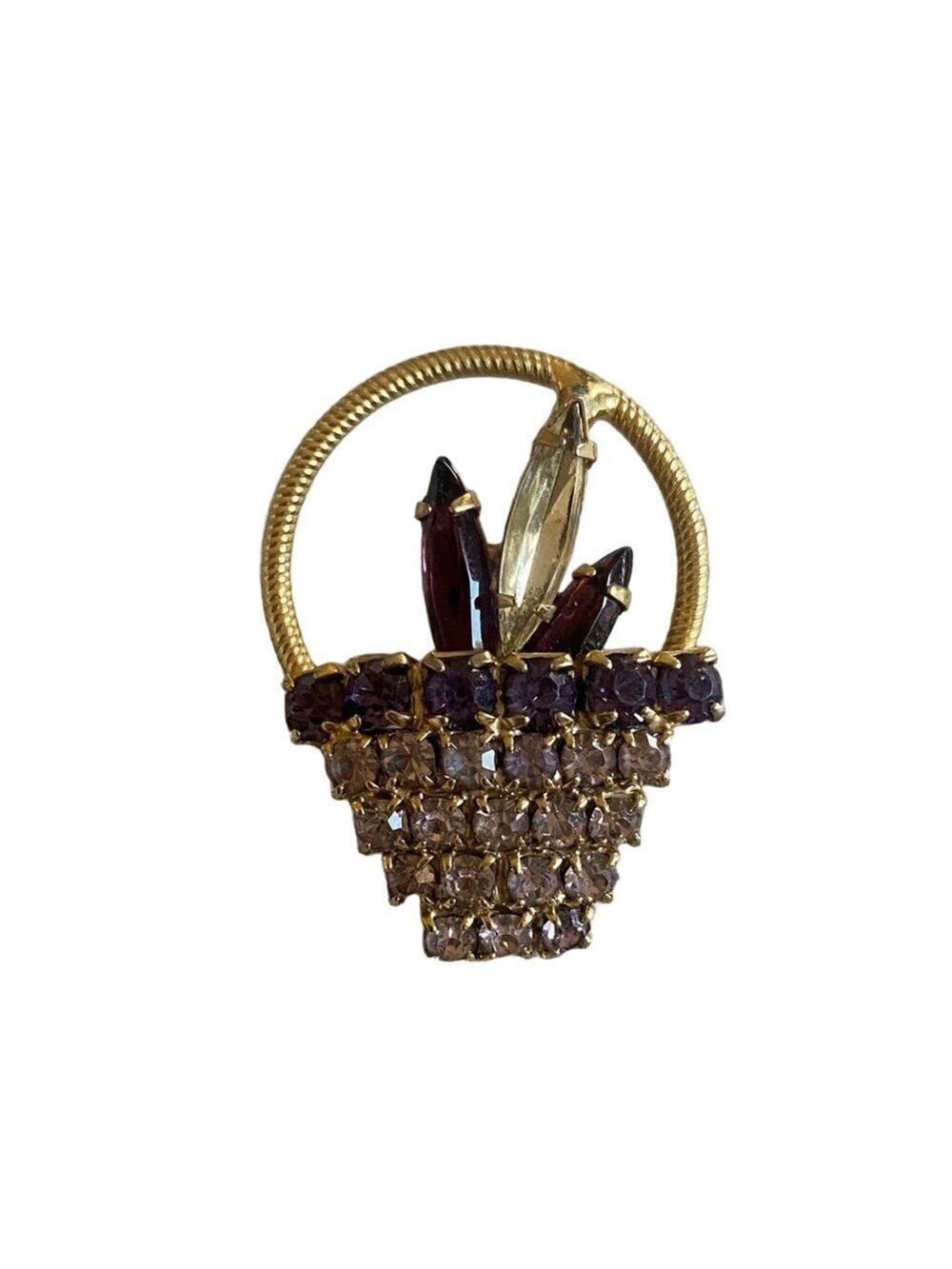 Vintage Gold Basket Brooch with Deep Purple Gemstones